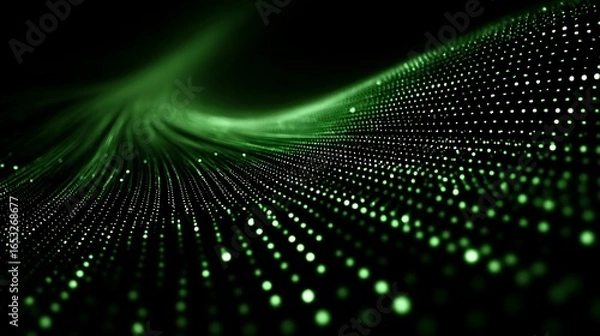 Fototapeta A green and white abstract pattern with a wave-like form, featuring a mix of green dots and lines on a black background.