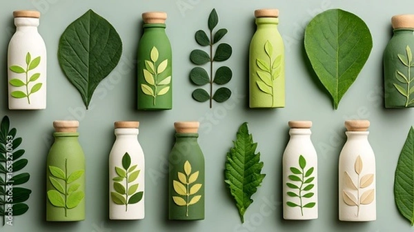 Fototapeta A collection of green and white bottles with leaf designs, arranged in a grid pattern on a green background with leaves and branches.