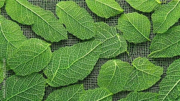 Fototapeta A cluster of green leaves on a wire mesh background, with a white netting pattern.