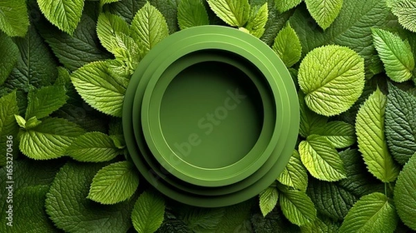 Fototapeta A green and a red circular frame with green leaves surrounding them, placed on a white background with a green leafy texture.
