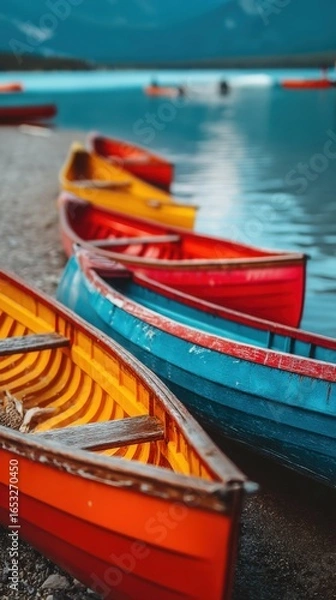 Fototapeta Brightly painted canoes rest on a rocky lakeshore, with calm blue water and distant paddlers under a serene mountain backdrop.