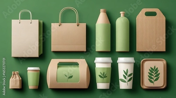 Fototapeta Various food packaging and containers, including paper bags, bottles, and boxes, arranged on a green background with a mix of natural and earthy tones.