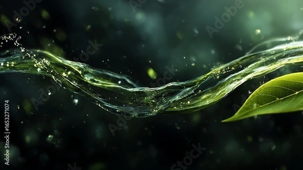 Fototapeta A wave of green water with a leaf in the foreground, against a dark background with a few floating particles.