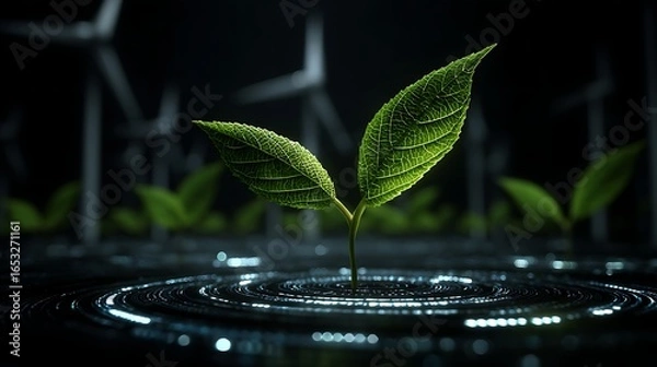 Fototapeta A young plant sprouting from a puddle with wind turbines in the background, illuminated by a blue light.