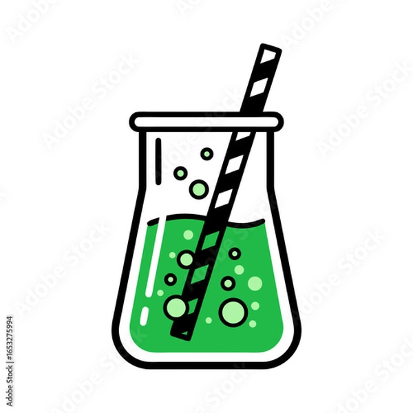 Fototapeta flat cartoon science beaker green liquid bubbling straw isolated vector icon