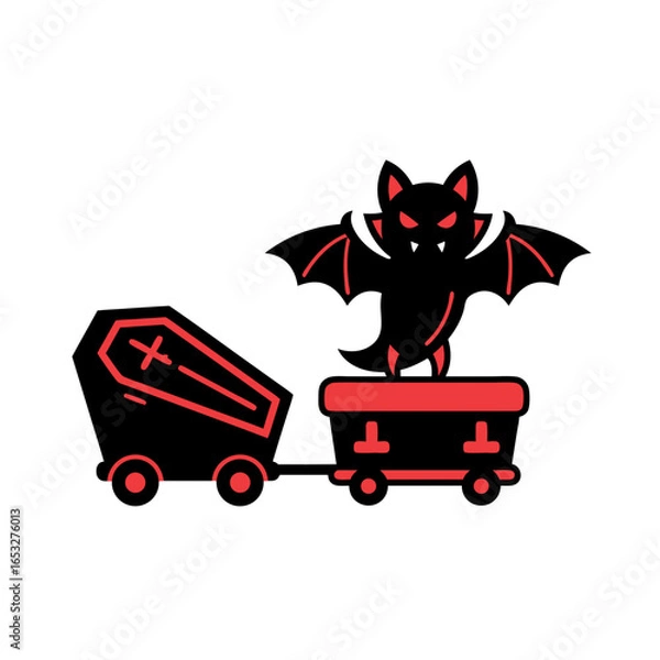 Fototapeta Flat halloween vector illustration spooky bat riding mine cart pulling coffin isolated