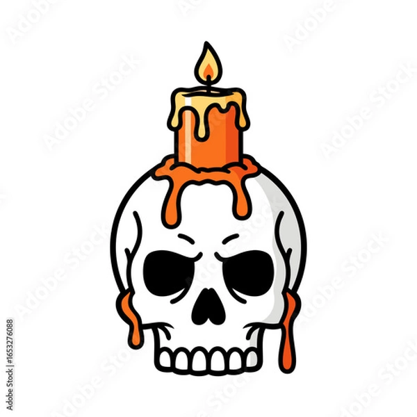 Fototapeta Spooky flat vector illustration skull with melting orange candle wax drips