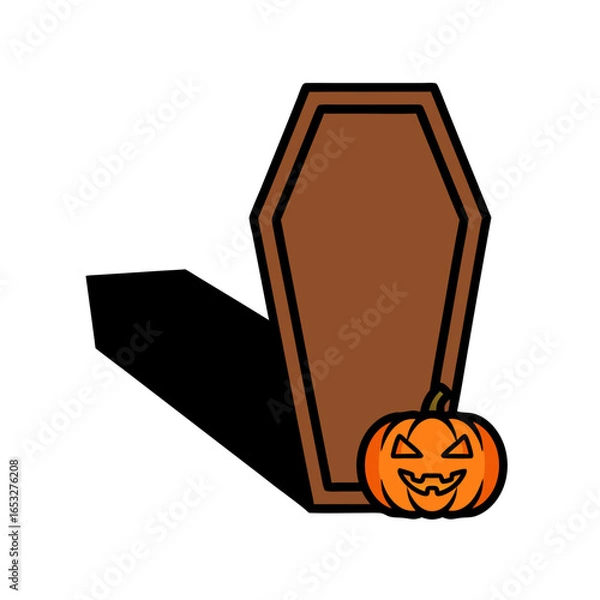 Fototapeta Spooky halloween flat vector illustration brown coffin with carved jack-o-lantern pumpkin graphic element