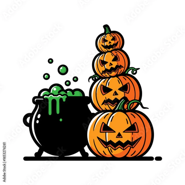 Fototapeta Cartoon vector illustration of halloween pumpkins stack and bubbling green cauldron