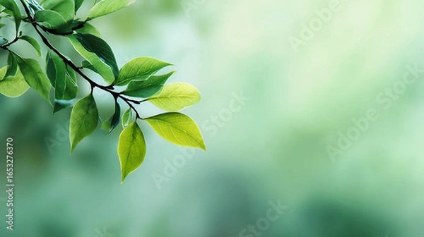 Obraz Vibrant green leaves on a dark branch against a soft bokeh background nature foliage