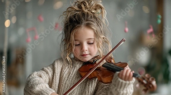 Fototapeta Little girl playing the violin in a sunlit living room, soft focus background with music notes floating in the air