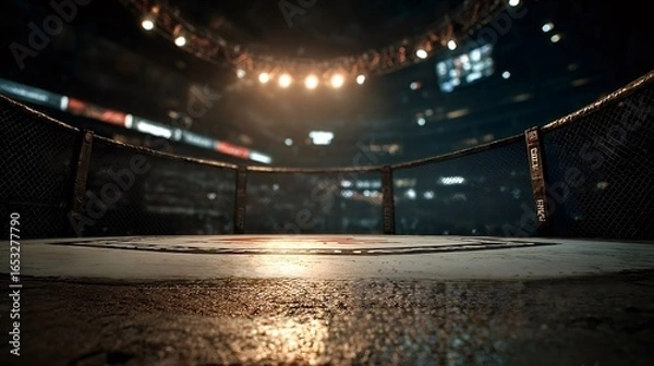 Fototapeta Spotlights illuminating the wet surface of an empty fighting ring within a vast arena, generating a dramatic atmosphere filled with anticipation for the next intense competition
