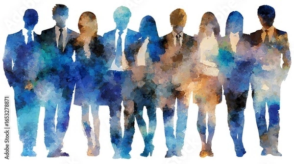 Fototapeta A group of business people standing in a row, silhouetted against a colorful watercolor background. The individuals are dressed in suits and ties, with a mix of blue, orange, and brown hues.