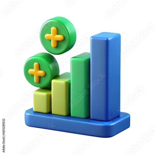 Obraz 3d growth chart with plus icons isolated on transparent background