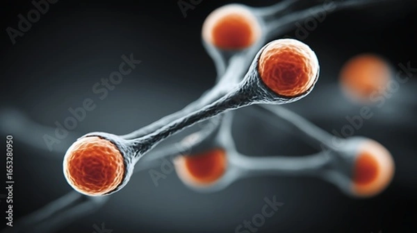 Fototapeta A microscopic view of a neuron cell with a nucleus and multiple mitochondria, set against a dark background with a few other cells.