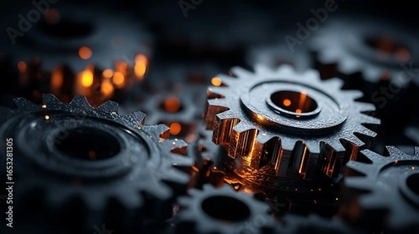Fototapeta A close-up of a mechanical gear system with glowing orange and black gears, set against a dark background with a few glowing orange spots, creating a dramatic and industrial atmosphere.
