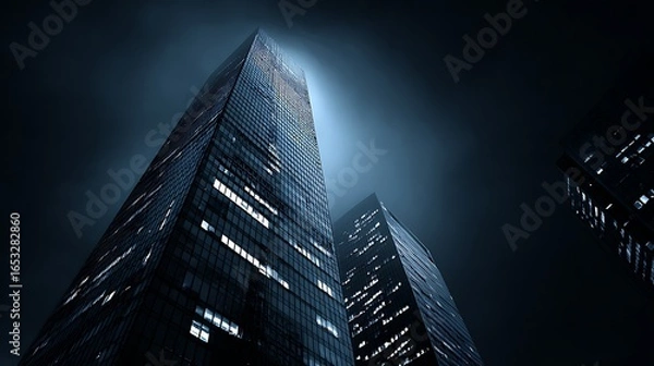 Fototapeta Two tall, modern skyscrapers with illuminated windows against a dark, cloudy sky. 