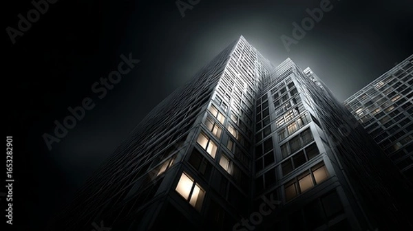 Obraz Two tall, modern skyscrapers with illuminated windows, standing against a dark, foggy sky.