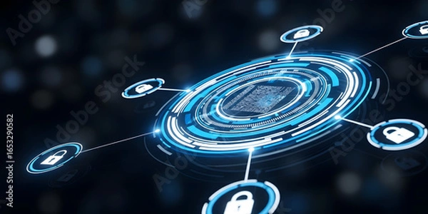 Fototapeta Digital security network with interconnected glowing locks and abstract data flow