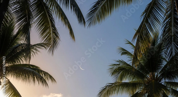 Fototapeta A beautiful low-angle view of palm fronds framing a serene sky. A sliver of the crescent moon is visible against the soft gradient of the evening sky, transitioning from a warm golden hue to a clear b