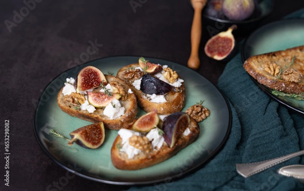 Obraz Elegant Fig and Goat Cheese Toasts with Honey and Walnuts