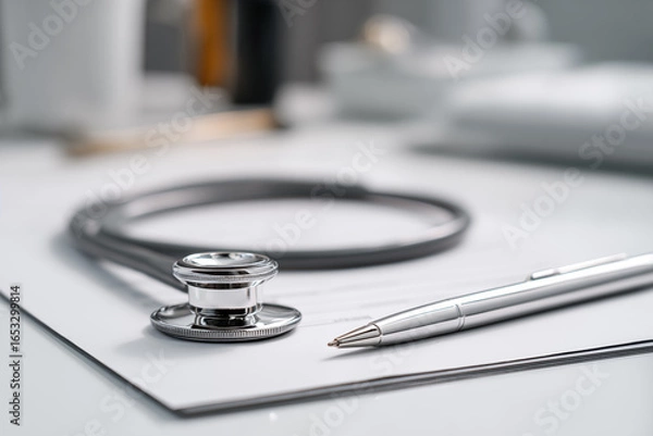 Fototapeta Stethoscope and pen placed on medical paperwork in an organized office setting during a daytime consultation