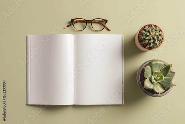Fototapeta Open notebook with glasses and potted plants on a minimalist surface perfect for creative thinking
