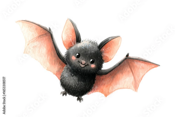 Obraz Watercolor cute black bat with peach wing membranes, rosy cheeks, open wings, isolated on white