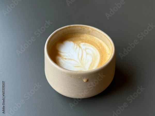 Fototapeta Cappuccino coffee with creamy foam served in a ceramic cup on empty table. Horizontal image in cozy cafe, perfect for menu, barista concept, breakfast mood, lifestyle blogs or drink advertising