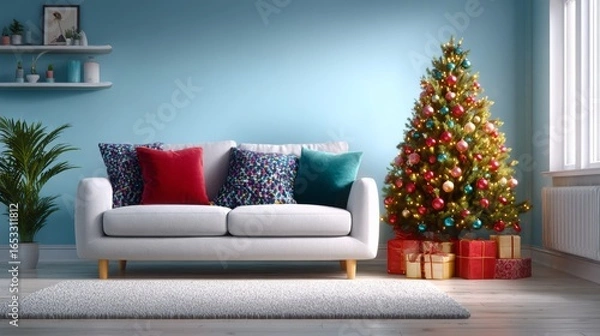 Obraz A living room with a white couch and a Christmas tree with colorful ornaments. The room has a cozy and festive atmosphere