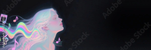 Fototapeta Ethereal woman with flowing hair meditating, on black background with copy space