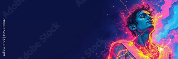 Fototapeta Illustration of a man in glowing swirls of energy against dark background, with copy space