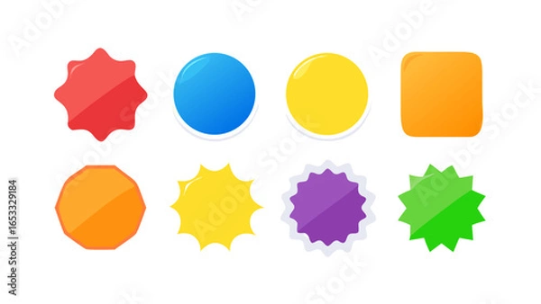 Obraz Illustration of eight colorful shapes including stars circles and a square on white backdrop