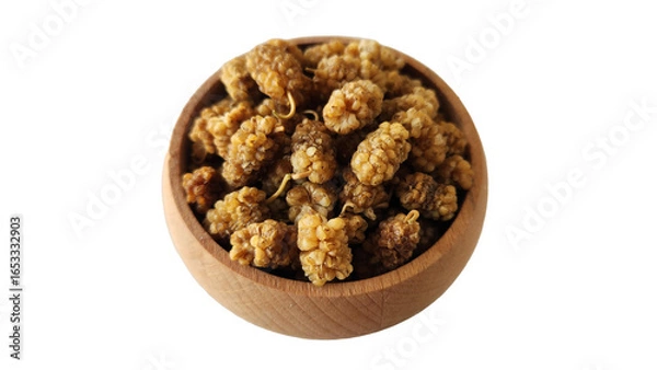 Obraz Sun-dried white mulberries in a snack bowl offer iron-rich, antioxidant-packed sweetness: a chewy, fiber-filled superfood for energy and immunity isolated on white background