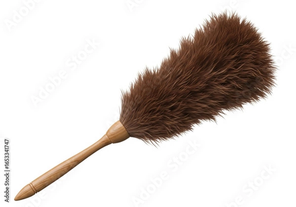 Fototapeta Natural feather duster with wooden handle for cleaning and dusting