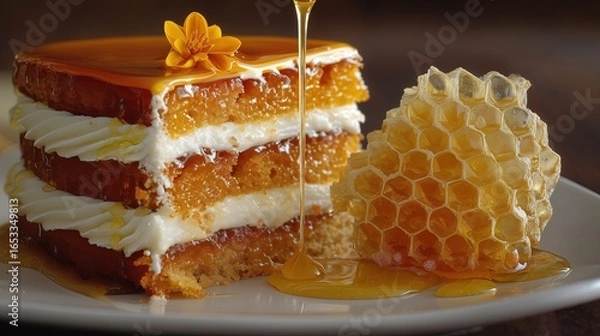 Fototapeta Honey Layered cake called medovik , next to a beewax 