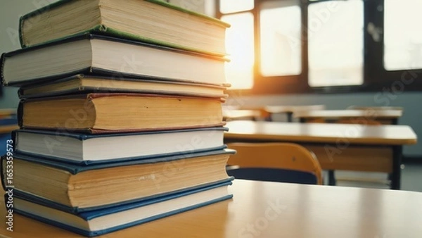 Fototapeta Stack of books on a table in a classroom