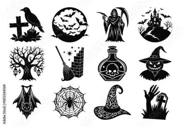 Obraz Collection of spooky halloween icons and symbols including a witch, grim reaper, haunted castle, spooky tree, potion bottle, and spider web isolated on white background