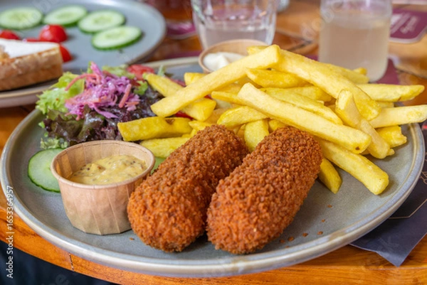 Obraz Plate of golden brown krokets with chips fries and salad