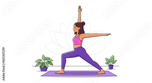 Fototapeta A tan-skinned woman with brown hair in a pink top and purple leggings is in Extended Side Angle Pose on a purple yoga mat, with potted plants on either side and a faint lotus flower in the background.