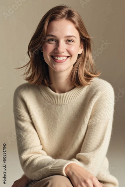 Fototapeta A young woman with long, auburn hair and a warm smile gazes directly at the viewer while wearing a cozy cream-colored sweater.