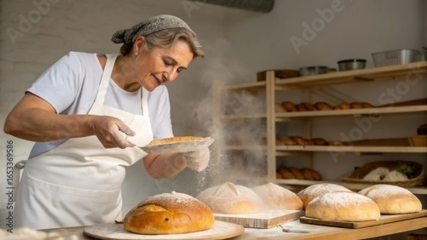 Obraz a-baker-dusting-flour-onto-fresh-bread-