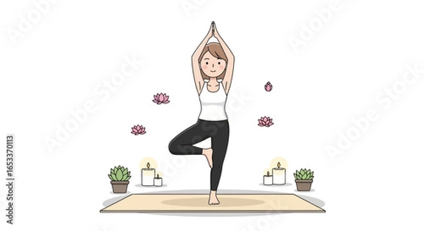 Fototapeta A fair-skinned woman in a white top and black leggings performs Tree Pose with hands raised, surrounded by succulents, candles, and lotus flowers.

