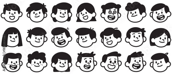 Fototapeta Collection of Cartoon Childrens Faces Diverse Expressions Black and White