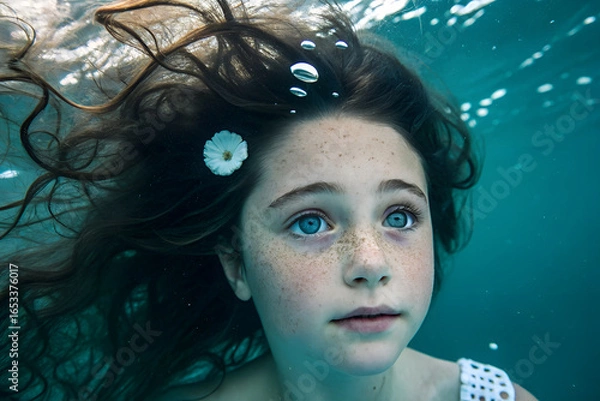Fototapeta Ethereal underwater portrait of a young girl with freckles and flowing hair. A beautiful and serene child with blue eyes looking up through the water.
Generative Ai.