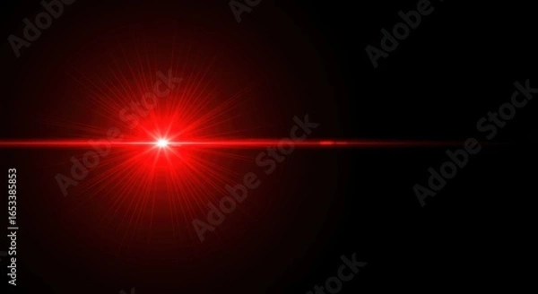 Obraz Red Lens Flare: A radiant red lens flare pierces through a dark backdrop, creating a dramatic interplay of light and shadow. The abstract composition evokes a sense of energy and cosmic beauty.