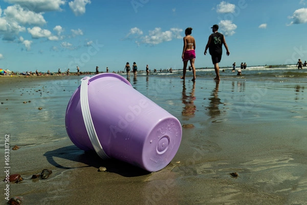 Fototapeta Purple Beach Container On Crowded Sand, Ocean Activities, Pollution