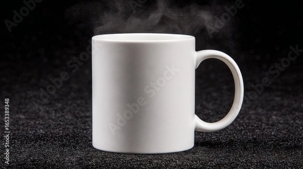 Fototapeta White ceramic mug with steam rising, placed on a textured black surface, showcasing a minimalist design ideal for beverage presentations and branding mockups