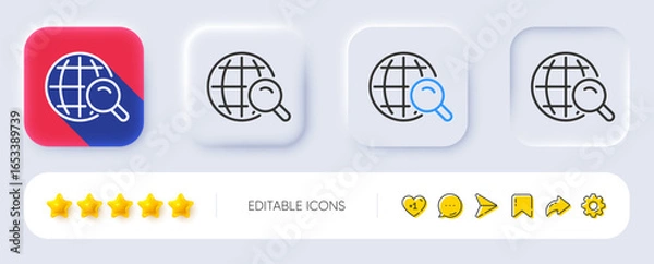 Fototapeta Global Search line icon. Neumorphic, Flat shadow, 3d buttons. World or Globe sign. Website search engine symbol. Line internet Search icon. Social media icons. Vector