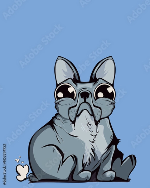 Obraz An old-school cartoon vector illustration: A French bulldog sits on a vibrant blue background, comically letting out a fart. This is one Frenchie's weighty argument.